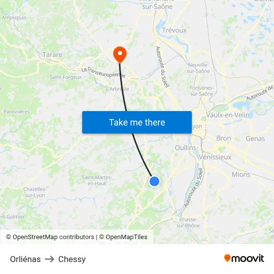 Orliénas to Chessy map