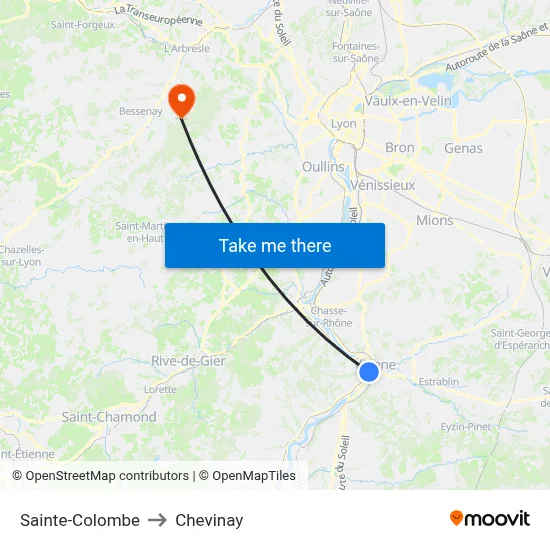 Sainte-Colombe to Chevinay map