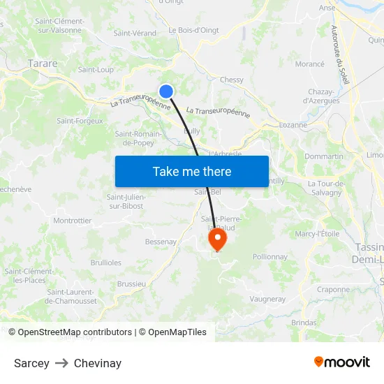 Sarcey to Chevinay map