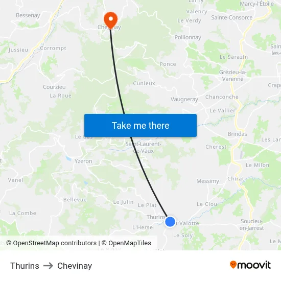 Thurins to Chevinay map