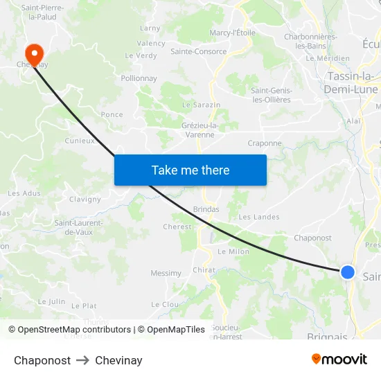 Chaponost to Chevinay map