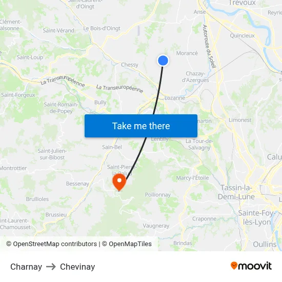 Charnay to Chevinay map