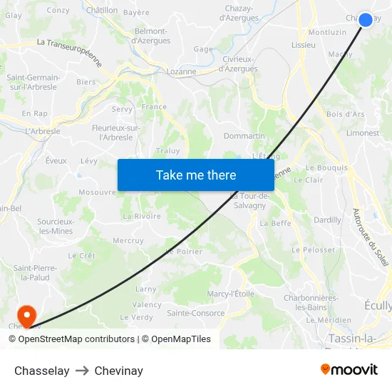 Chasselay to Chevinay map