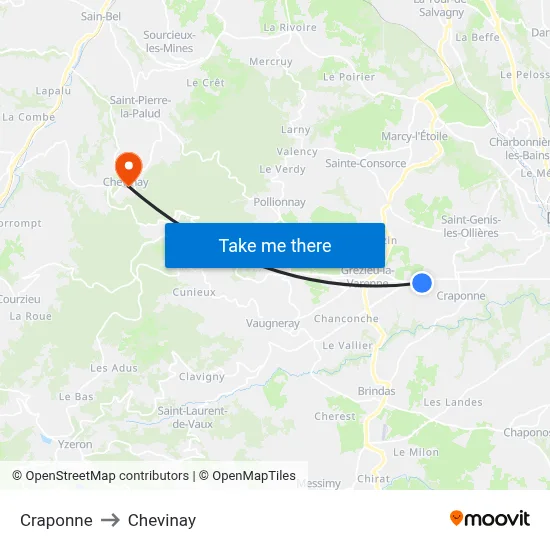 Craponne to Chevinay map
