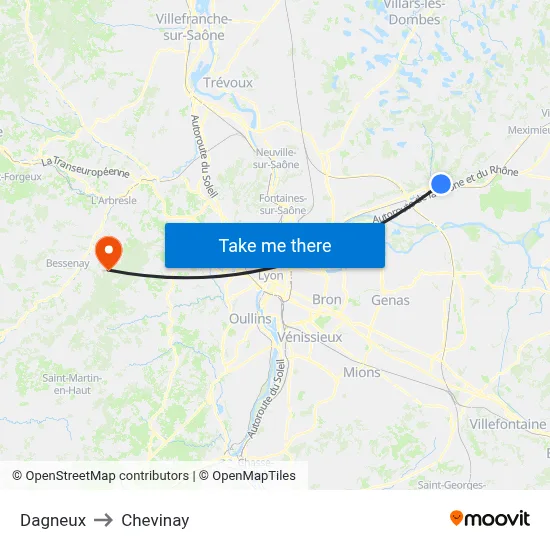 Dagneux to Chevinay map