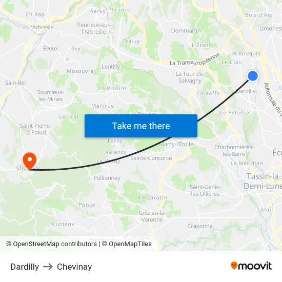 Dardilly to Chevinay map