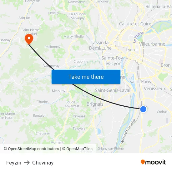 Feyzin to Chevinay map