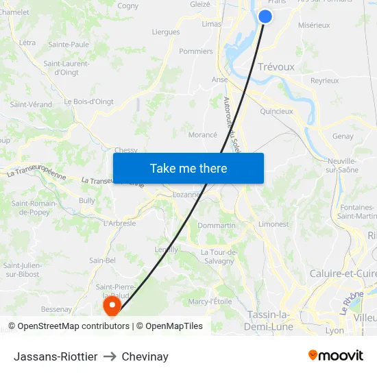 Jassans-Riottier to Chevinay map