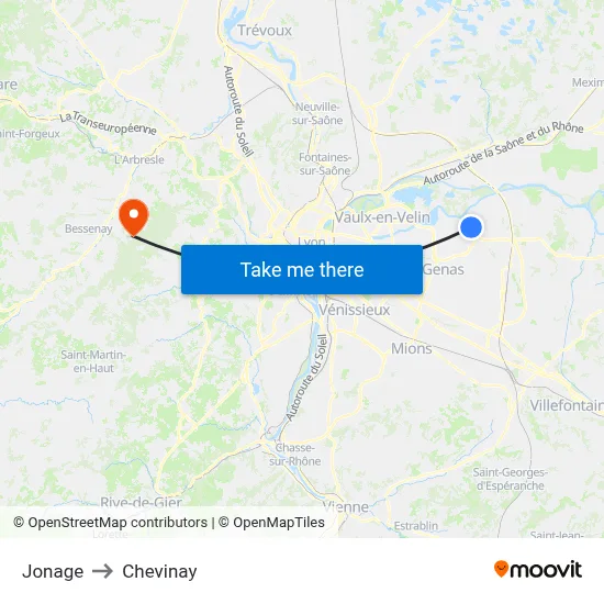 Jonage to Chevinay map