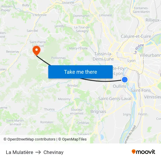 La Mulatière to Chevinay map