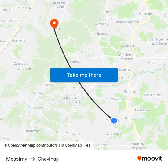 Messimy to Chevinay map