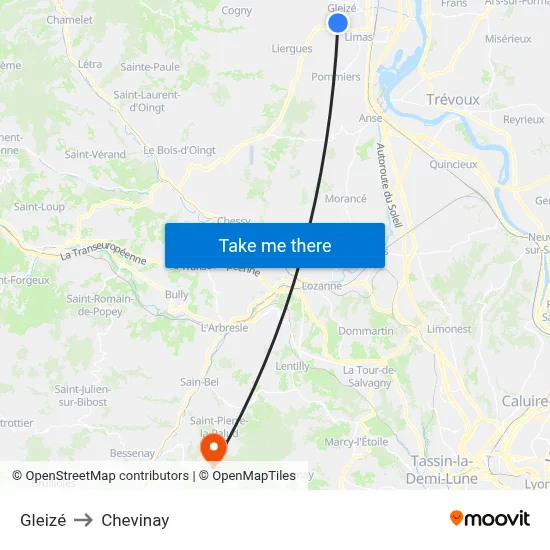 Gleizé to Chevinay map