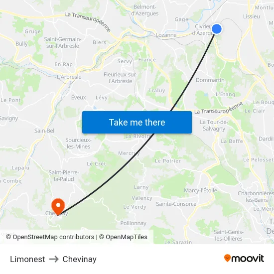 Limonest to Chevinay map