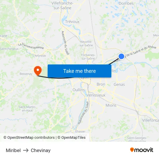 Miribel to Chevinay map
