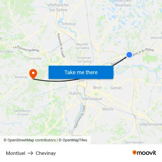 Montluel to Chevinay map