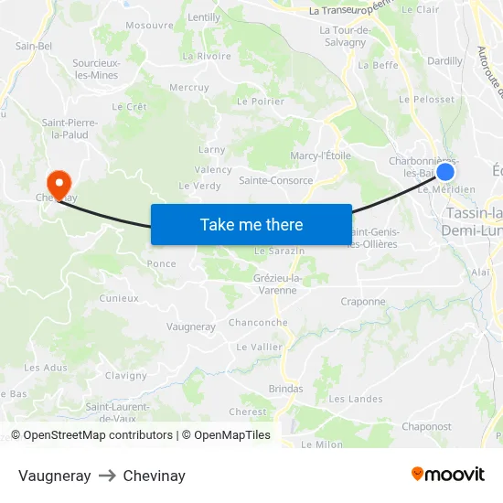 Vaugneray to Chevinay map