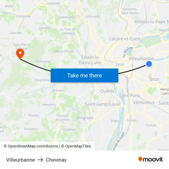 Villeurbanne to Chevinay map