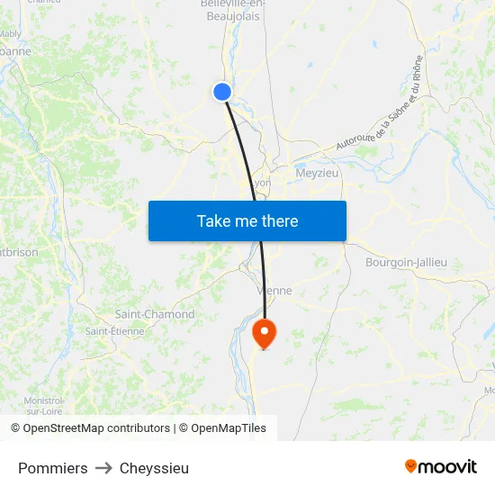 Pommiers to Cheyssieu map