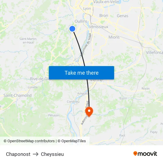 Chaponost to Cheyssieu map