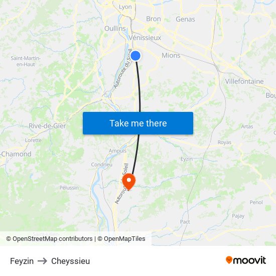 Feyzin to Cheyssieu map