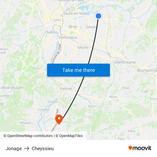 Jonage to Cheyssieu map