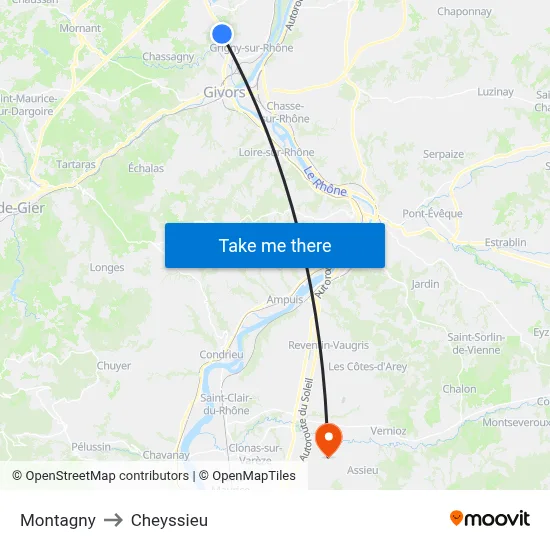 Montagny to Cheyssieu map
