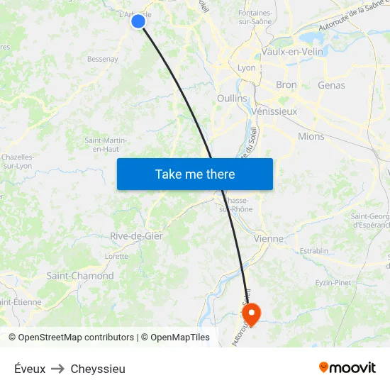 Éveux to Cheyssieu map