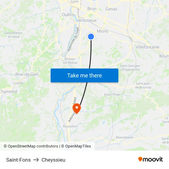 Saint-Fons to Cheyssieu map