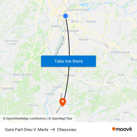 Gare Part-Dieu V. Merle to Cheyssieu map