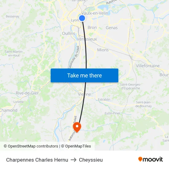 Charpennes Charles Hernu to Cheyssieu map