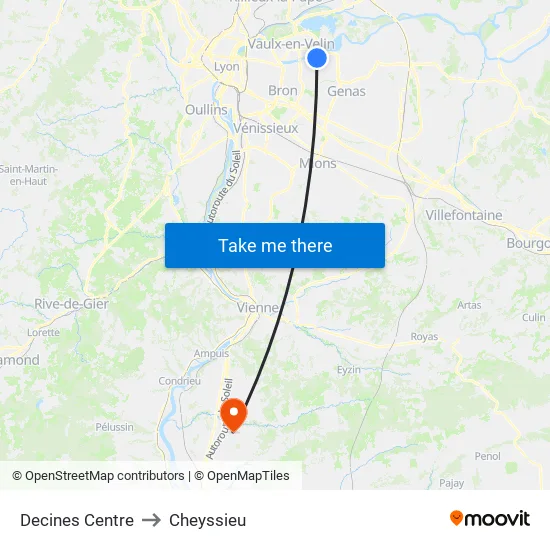 Decines Centre to Cheyssieu map