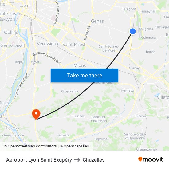 Aéroport Lyon-Saint Exupéry to Chuzelles map