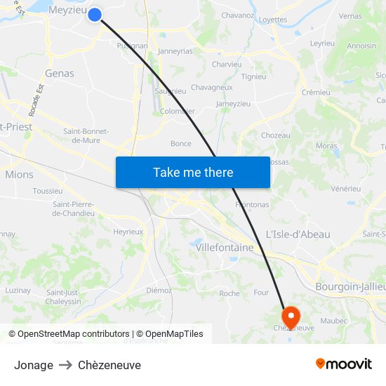 Jonage to Chèzeneuve map