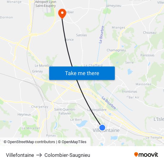 Villefontaine to Colombier-Saugnieu map
