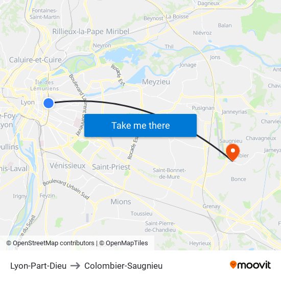 Lyon-Part-Dieu to Colombier-Saugnieu map