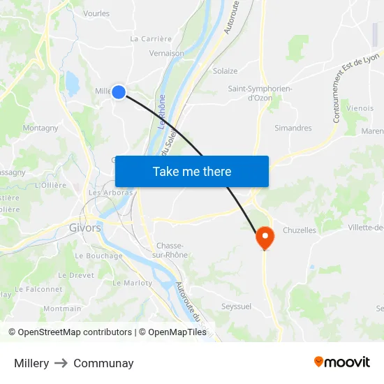Millery to Communay map