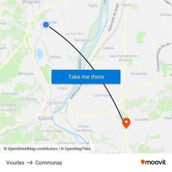 Vourles to Communay map