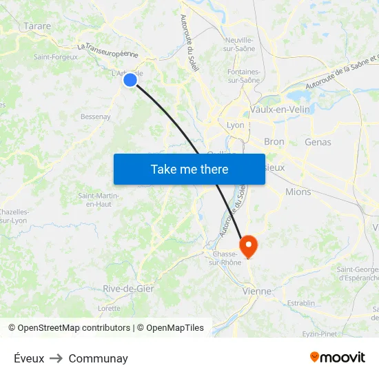 Éveux to Communay map