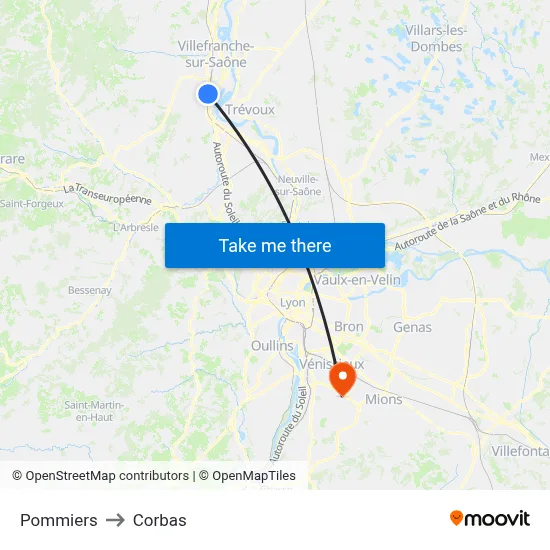 Pommiers to Corbas map