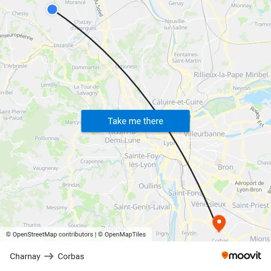Charnay to Corbas map