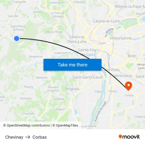 Chevinay to Corbas map