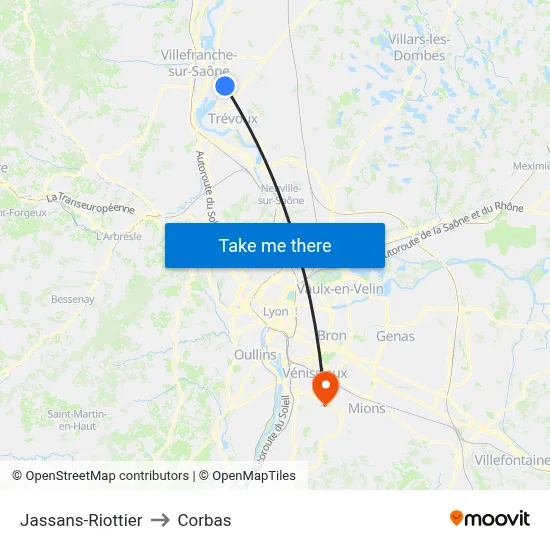 Jassans-Riottier to Corbas map