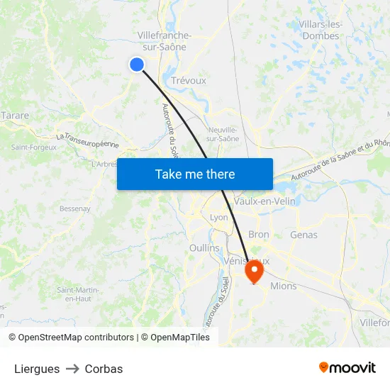 Liergues to Corbas map