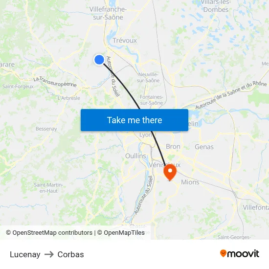 Lucenay to Corbas map