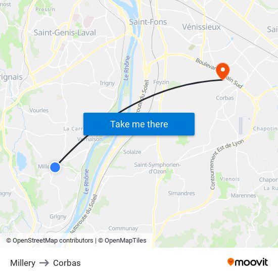 Millery to Corbas map