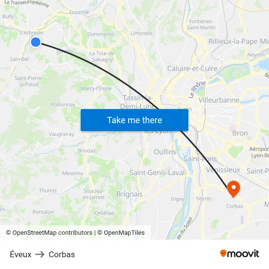 Éveux to Corbas map