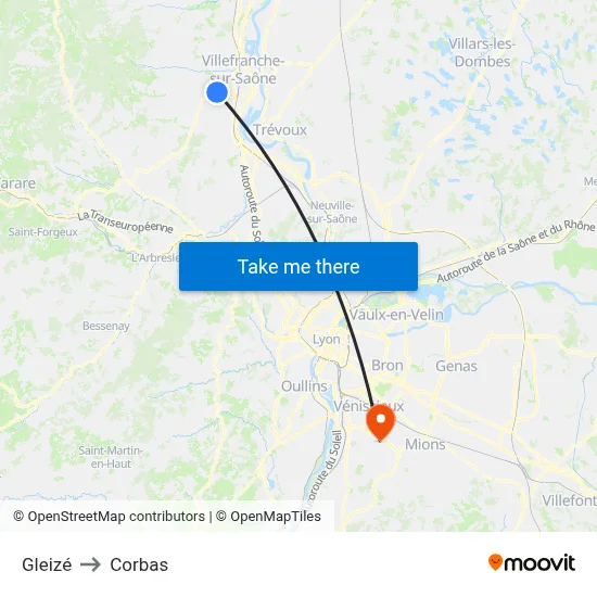 Gleizé to Corbas map