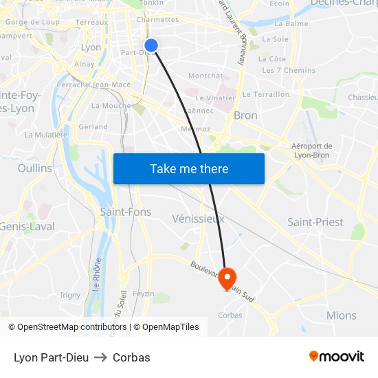 Lyon Part-Dieu to Corbas map