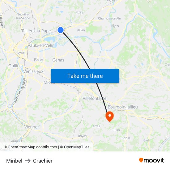 Miribel to Crachier map