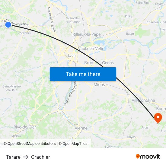 Tarare to Crachier map